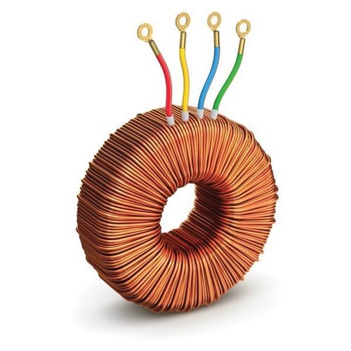 Toroidal transformer wound with bright copper wire, red yellow blue and green leads with ring terminals on white background