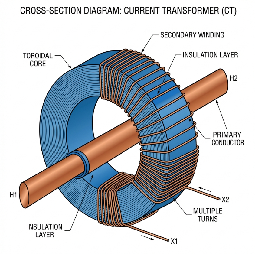 Cross-section diagram of a toroidal current transformer: primary busbar H1–H2 through the core, secondary winding X1–X2 with multiple turns, toroidal laminated core, and insulation layers