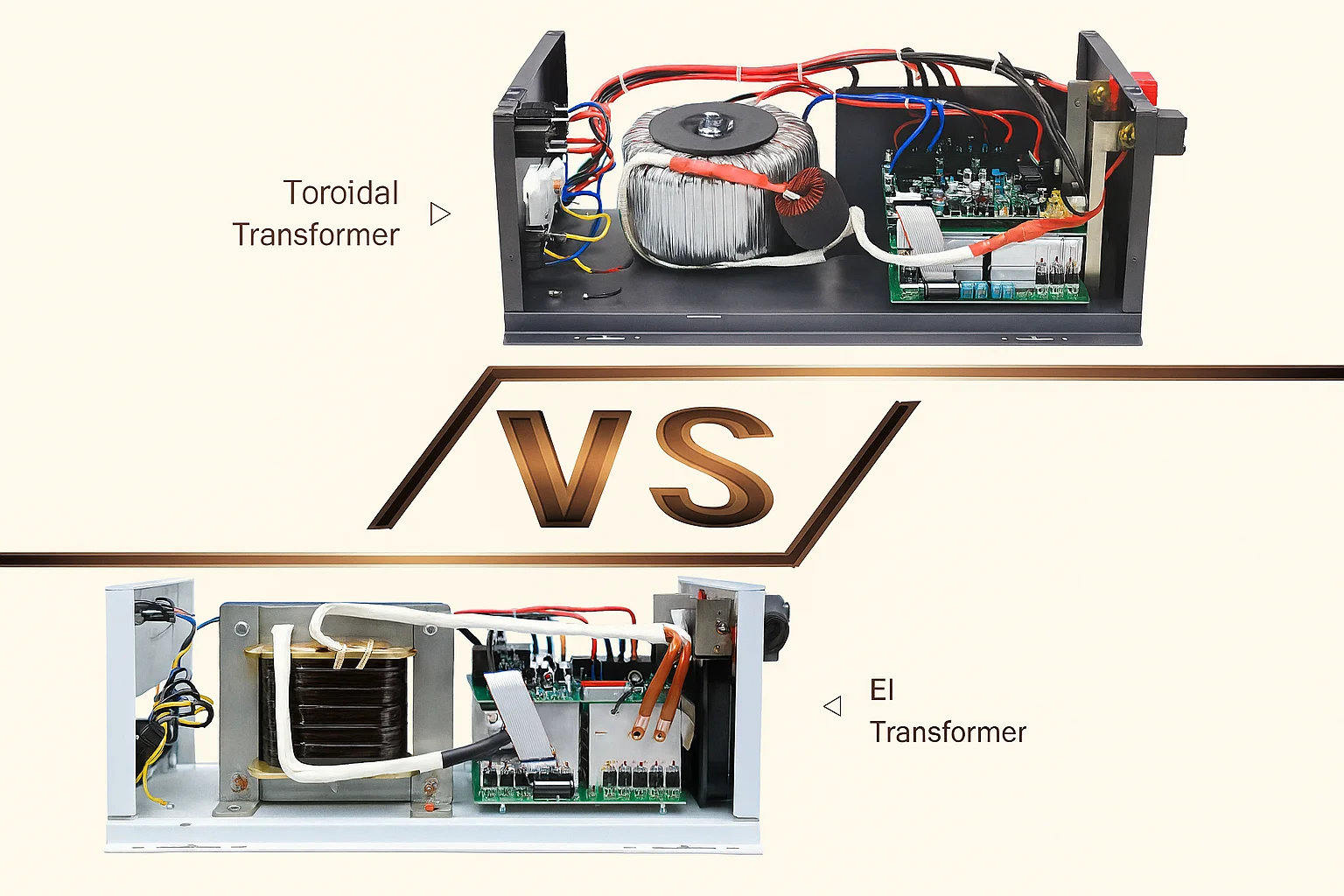 Toroidal transformer and EI transformer shown inside open equipment chassis, separated by a VS graphic — real-world internal layout comparison